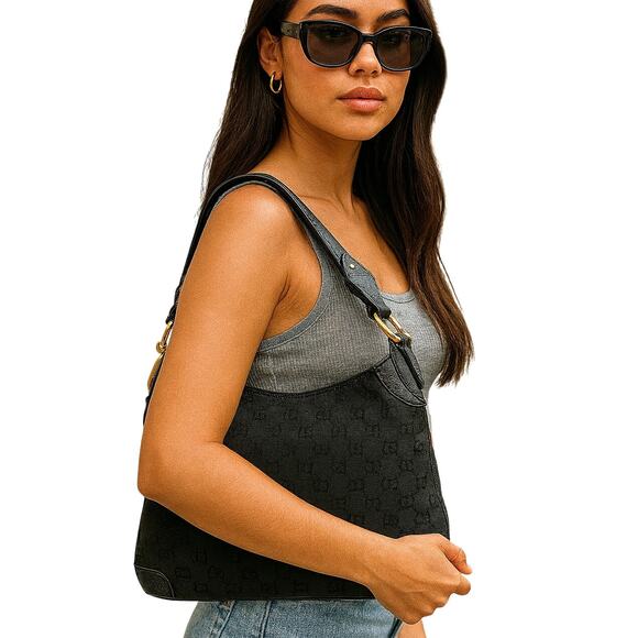 Gucci Creole Hobo Bag Black GG Monogram Canvas Leather Trim Gold Shoulder Tote - Picture 2 of 12